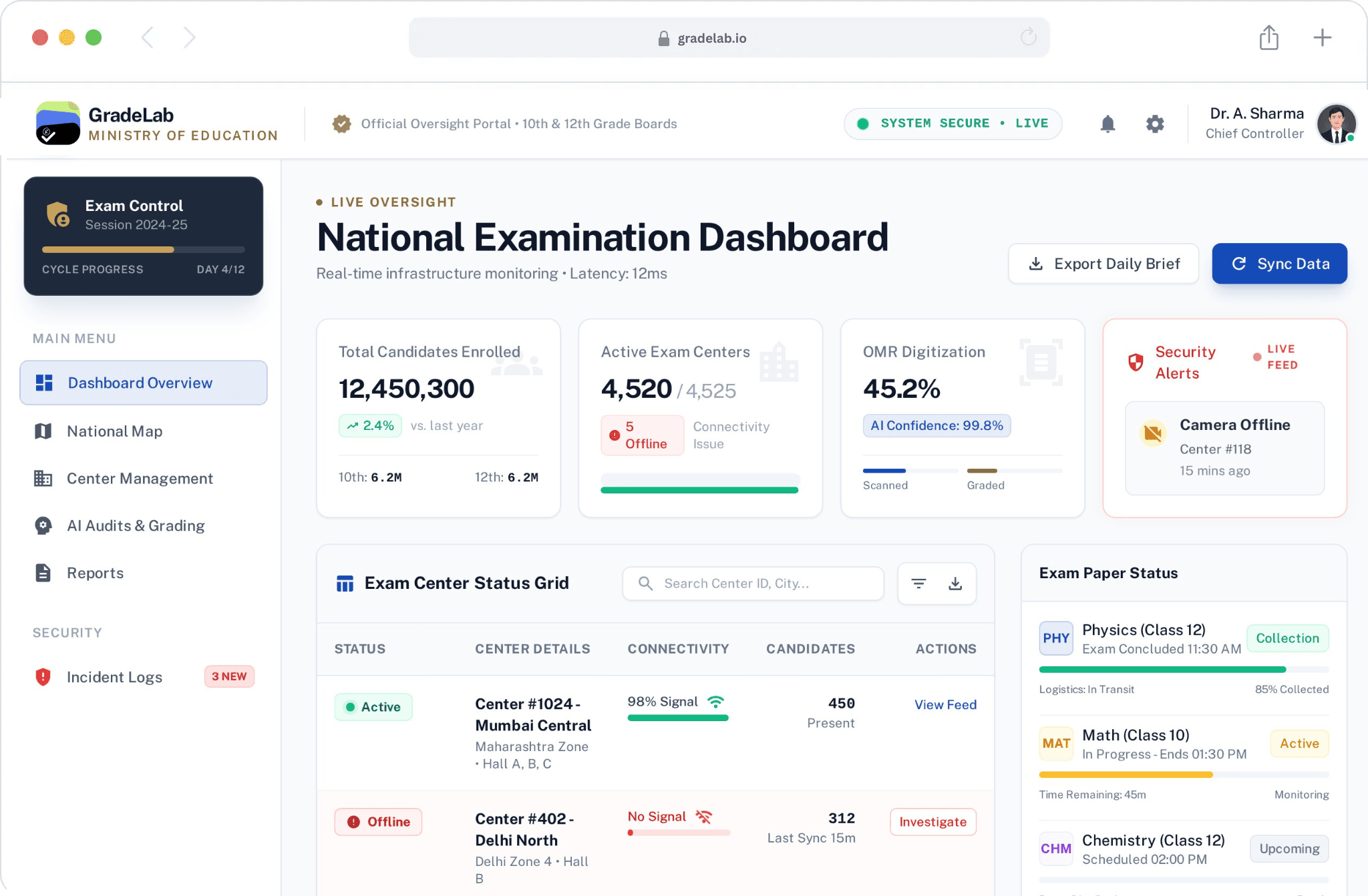 Product dashboard interface showing grading and exam management features