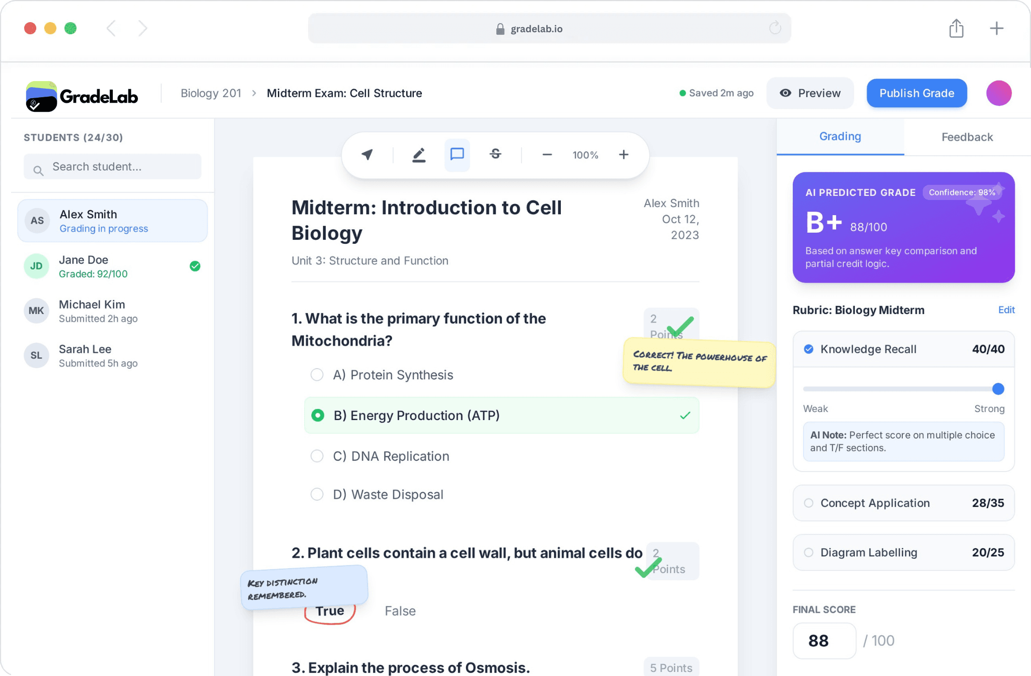 Product dashboard interface showing grading and exam management features