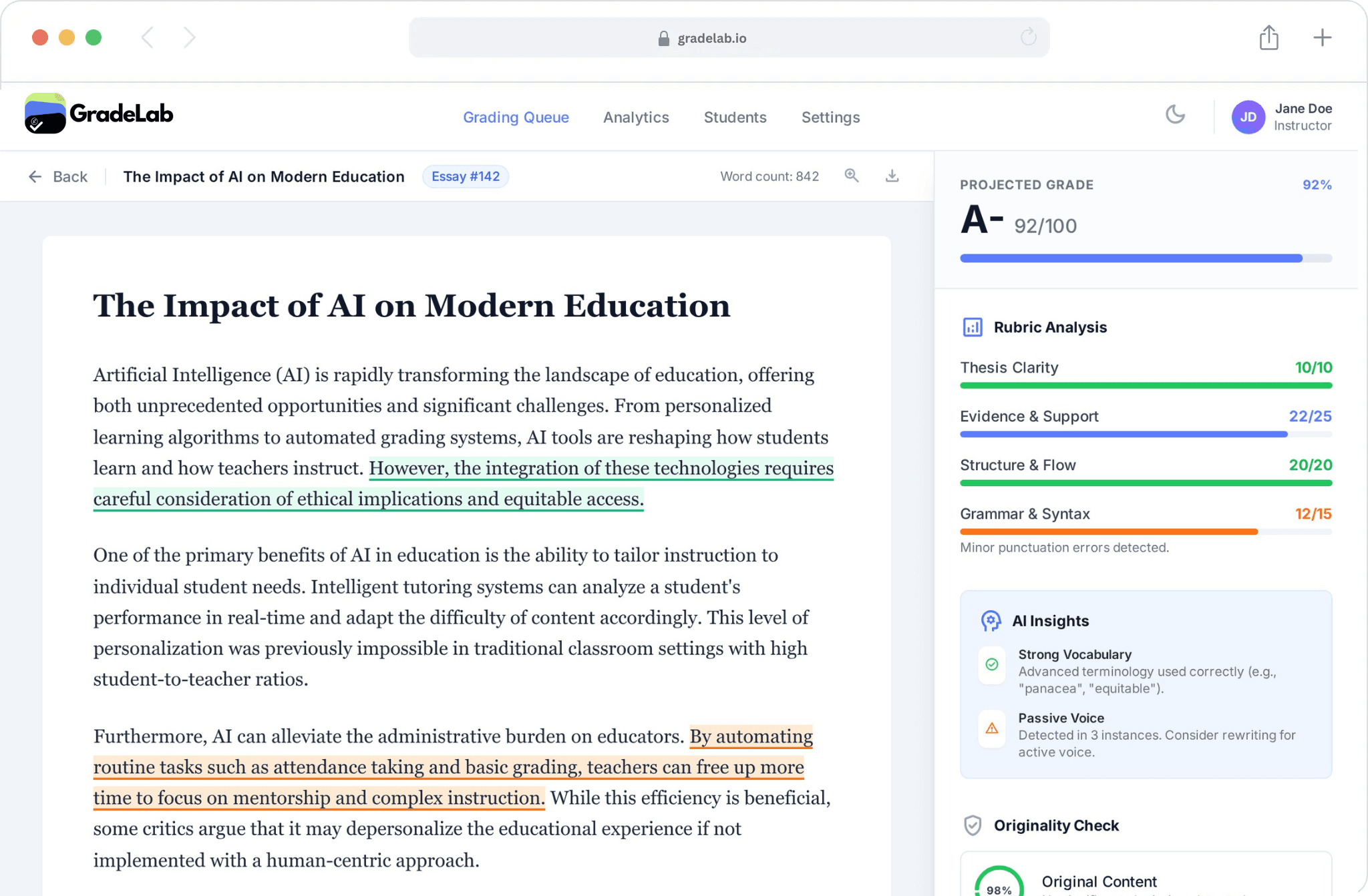 Product dashboard interface showing grading and exam management features