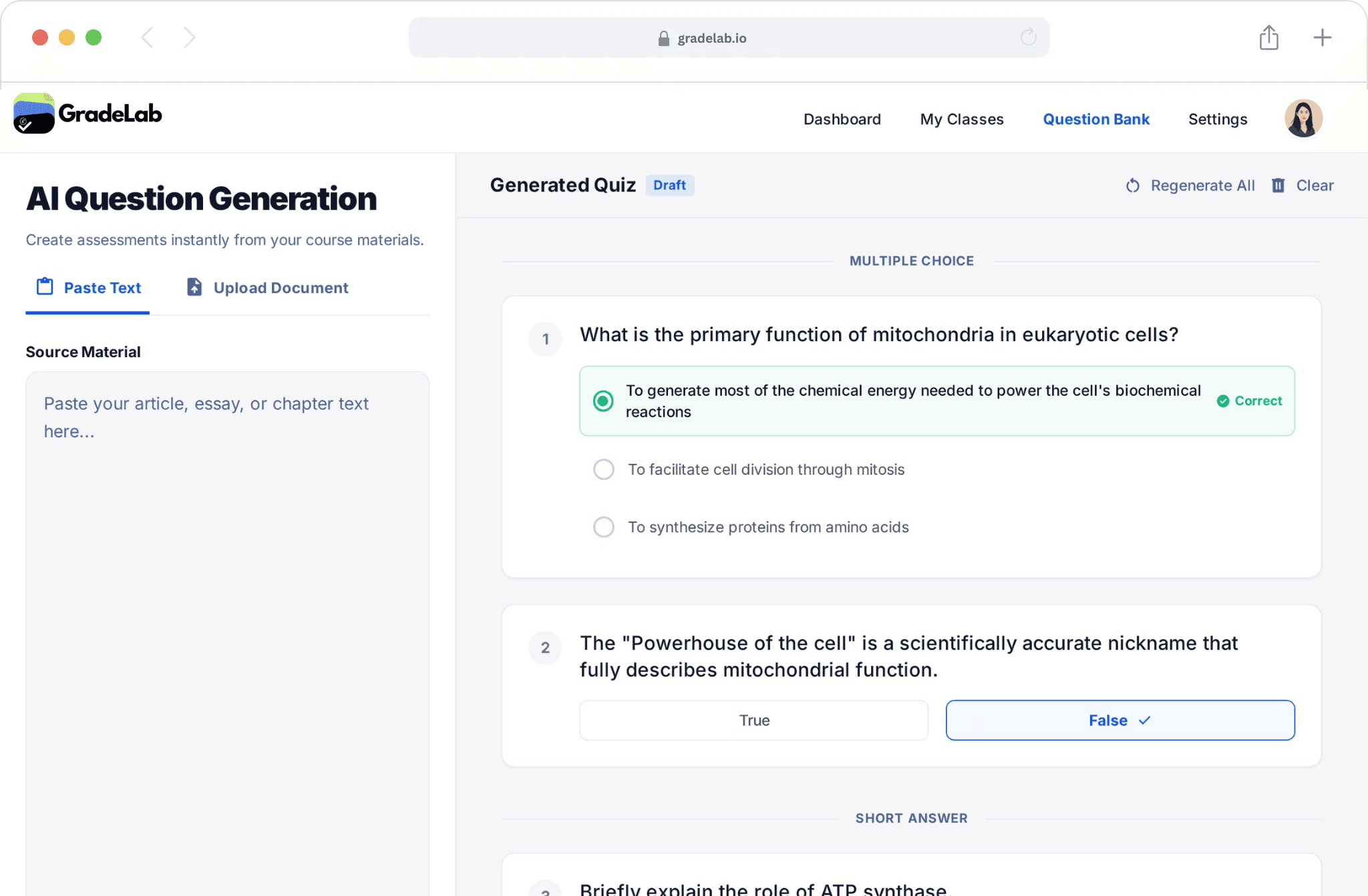 Product dashboard interface showing grading and exam management features