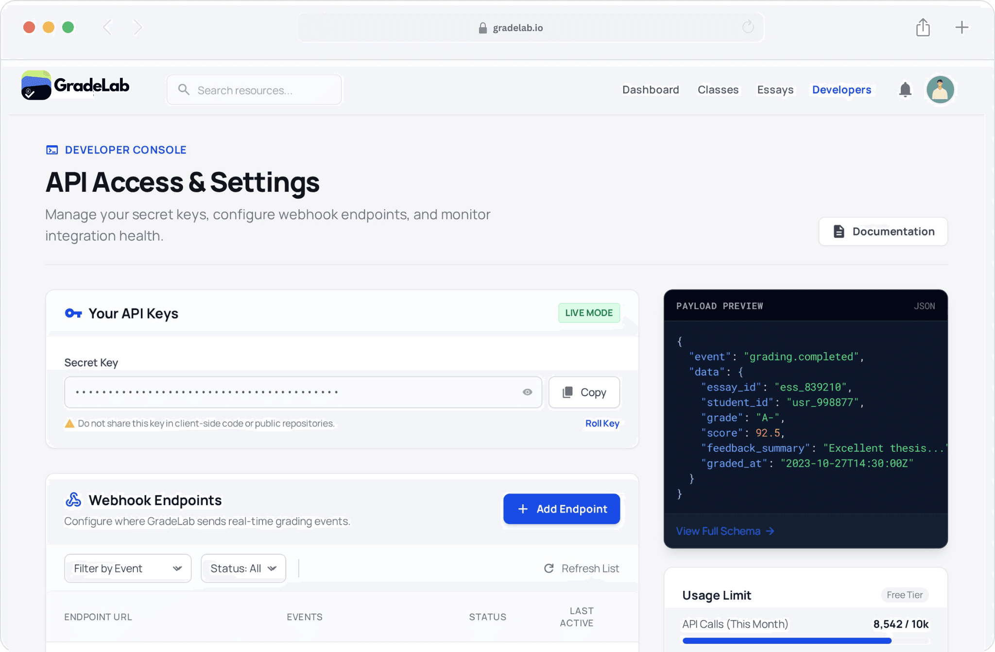 Product dashboard interface showing grading and exam management features