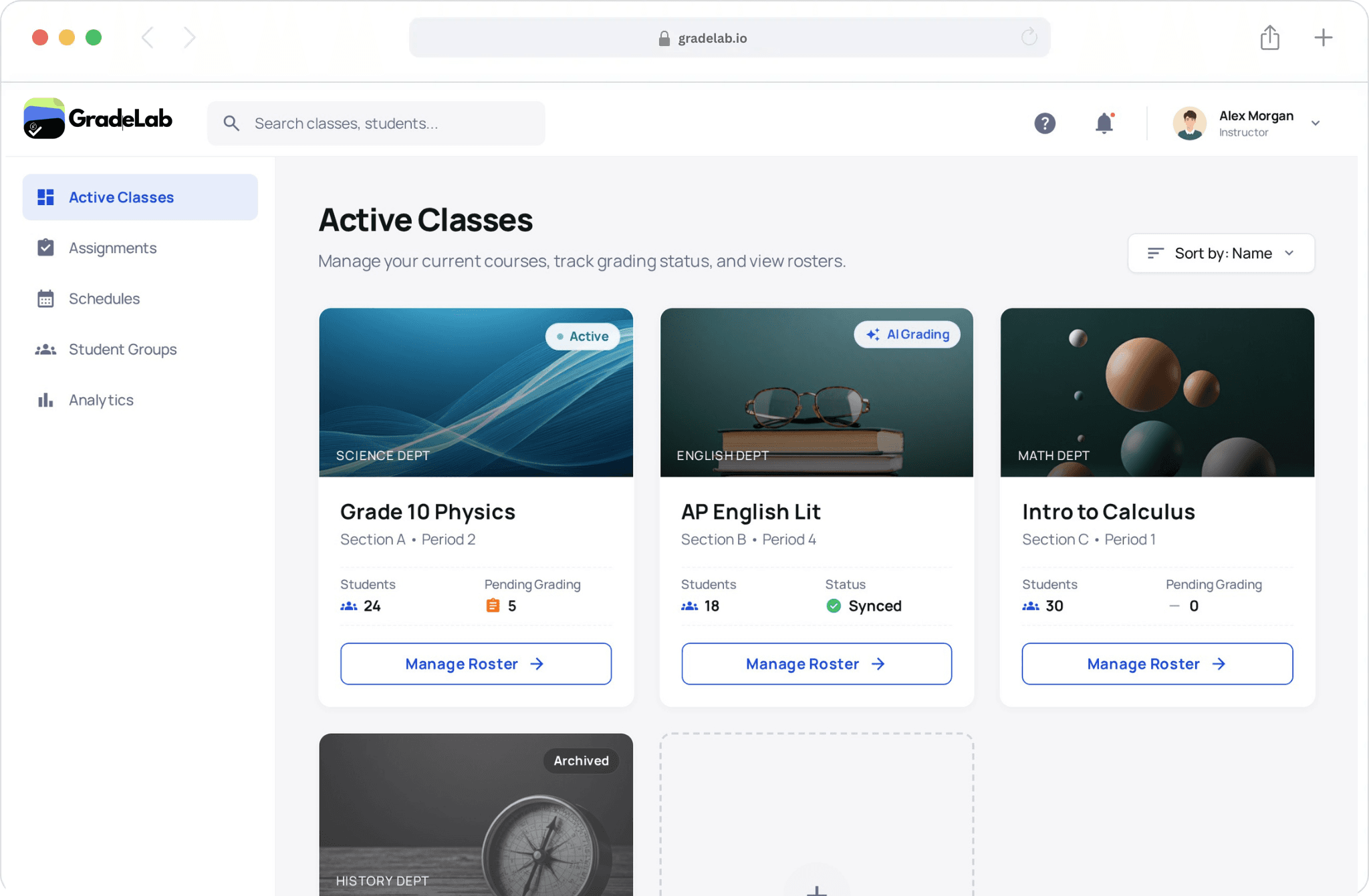 Product dashboard interface showing grading and exam management features