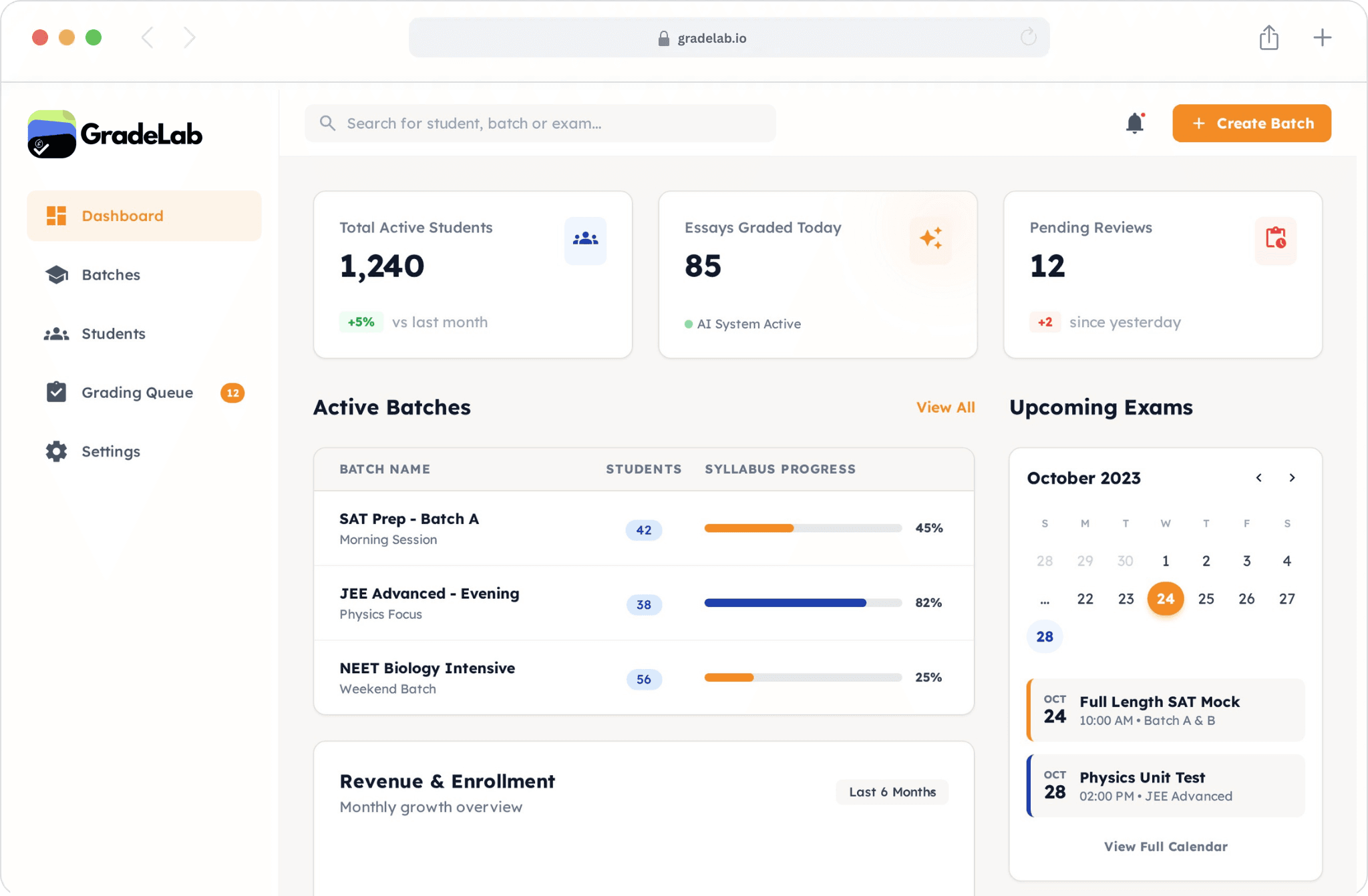 Product dashboard interface showing grading and exam management features