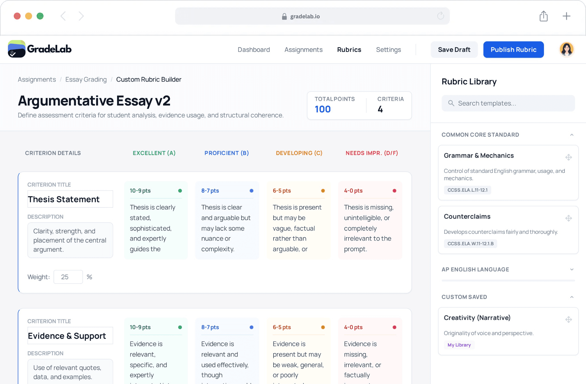 Product dashboard interface showing grading and exam management features