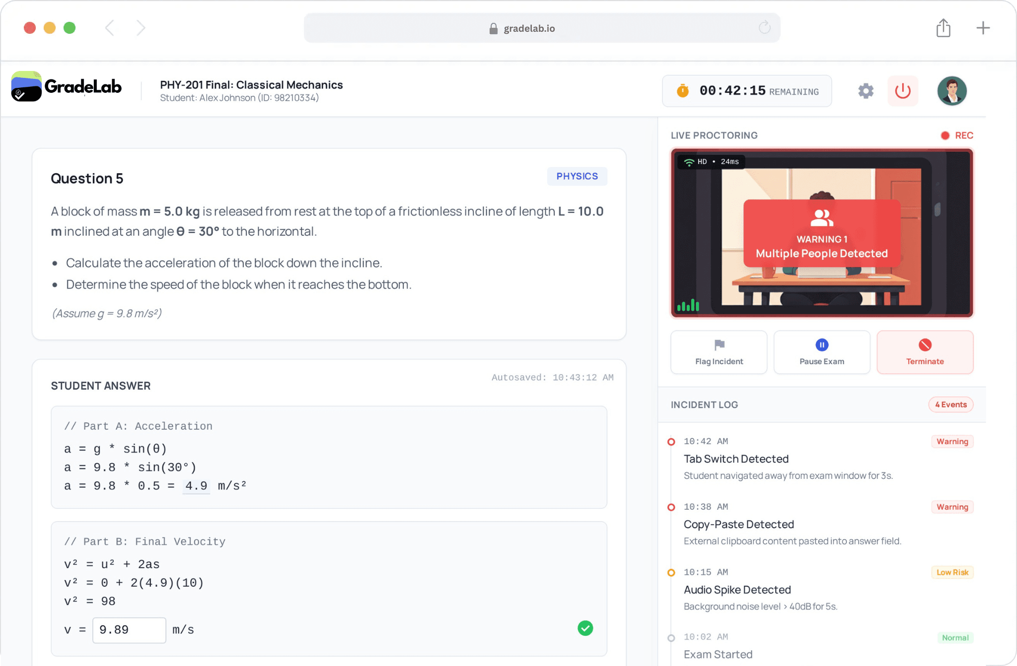 Product dashboard interface showing grading and exam management features