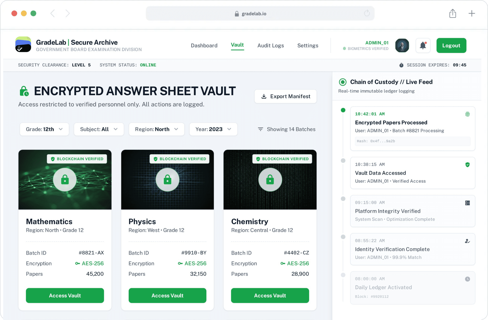 Product dashboard interface showing grading and exam management features