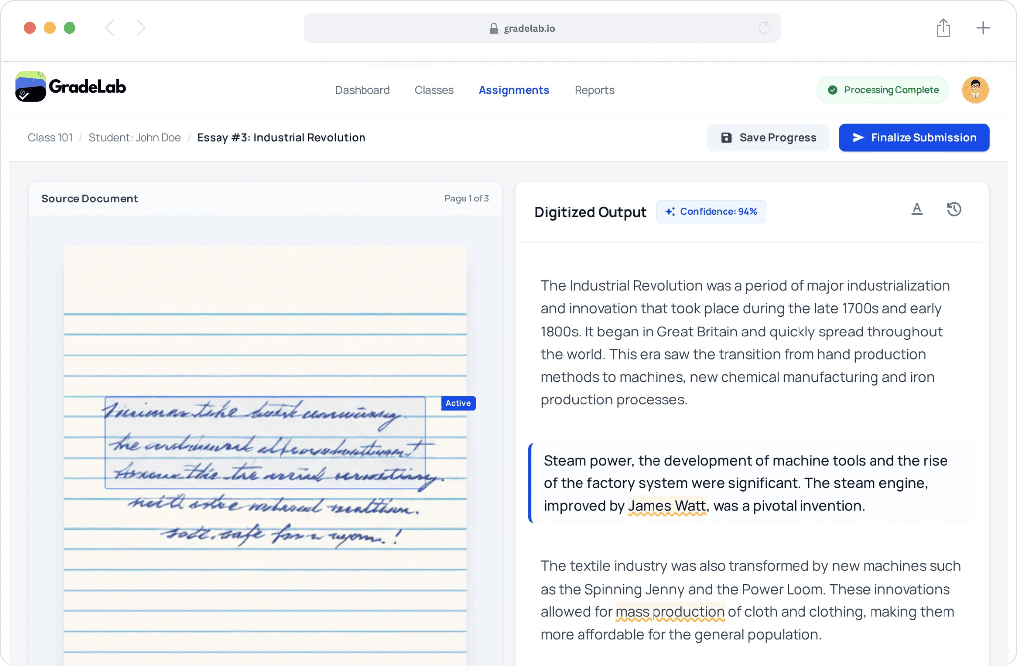 Product dashboard interface showing grading and exam management features
