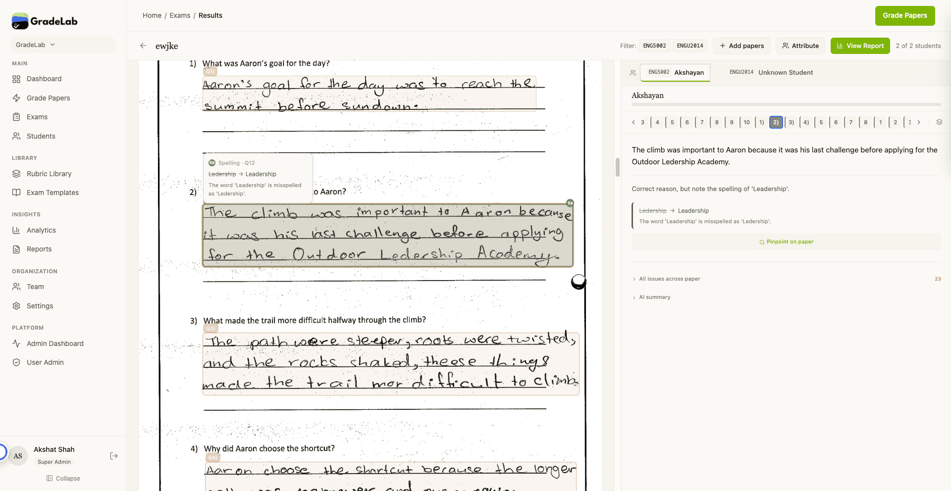Product dashboard interface showing grading and exam management features