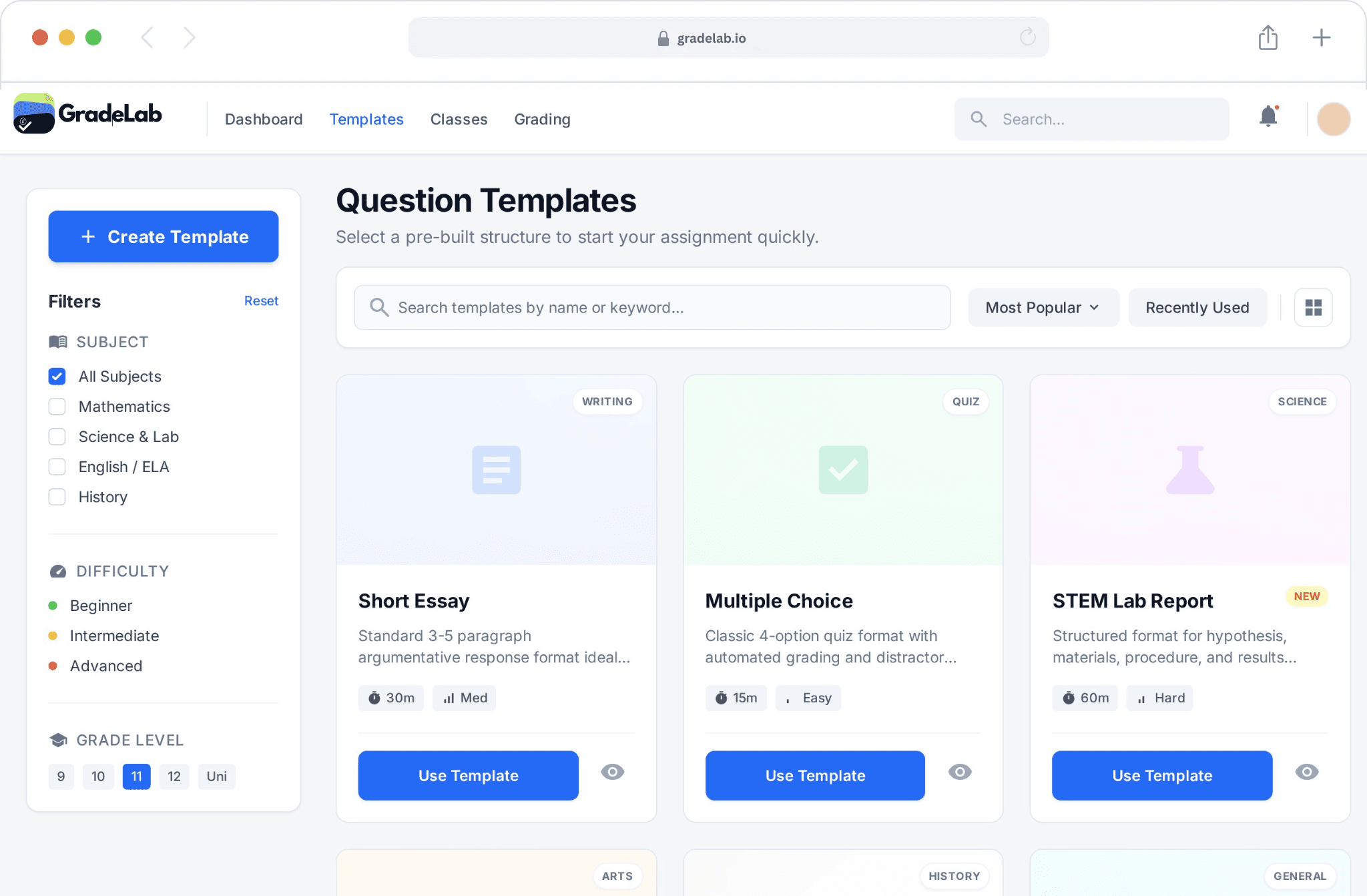 Product dashboard interface showing grading and exam management features