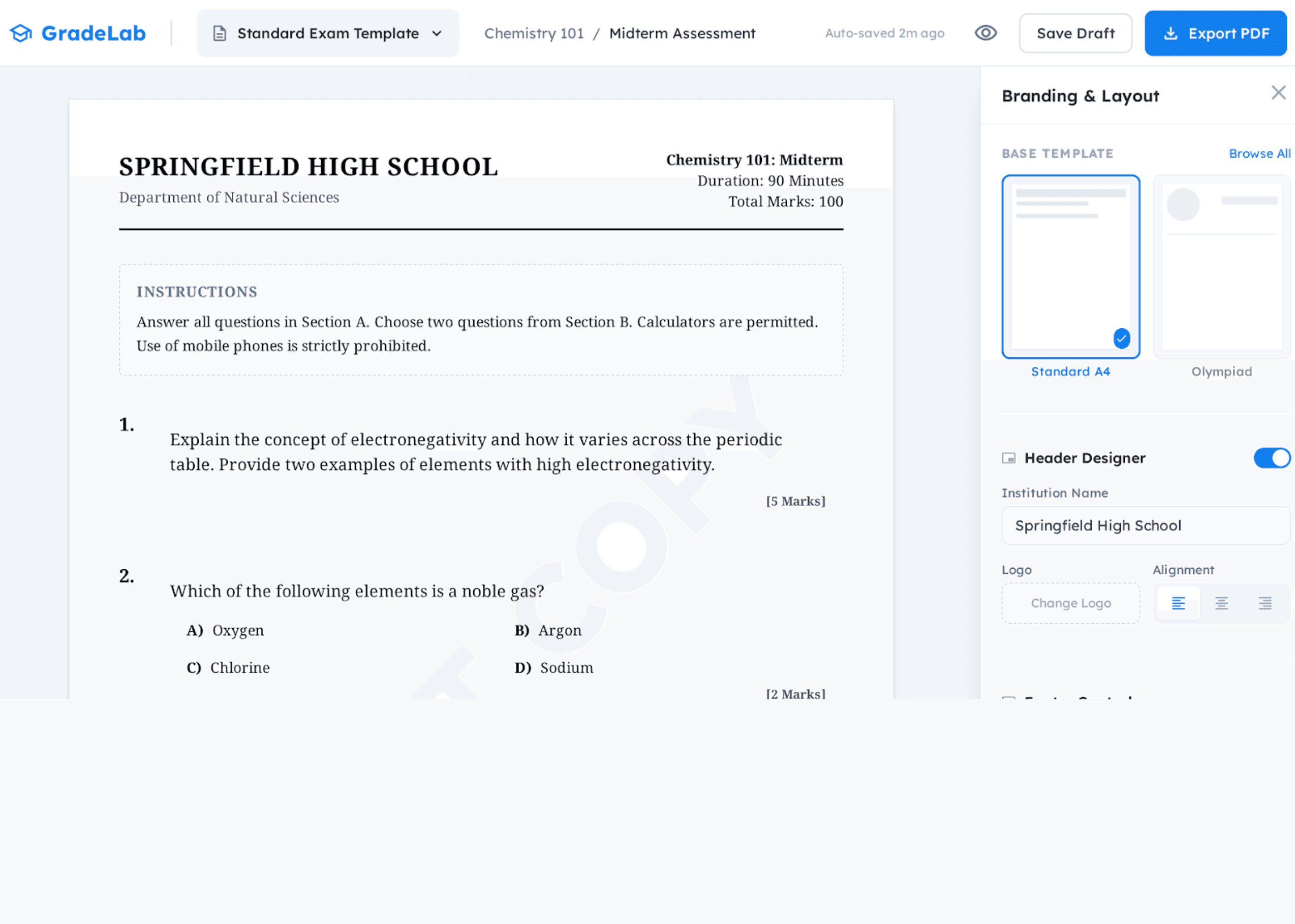 Product dashboard interface showing grading and exam management features